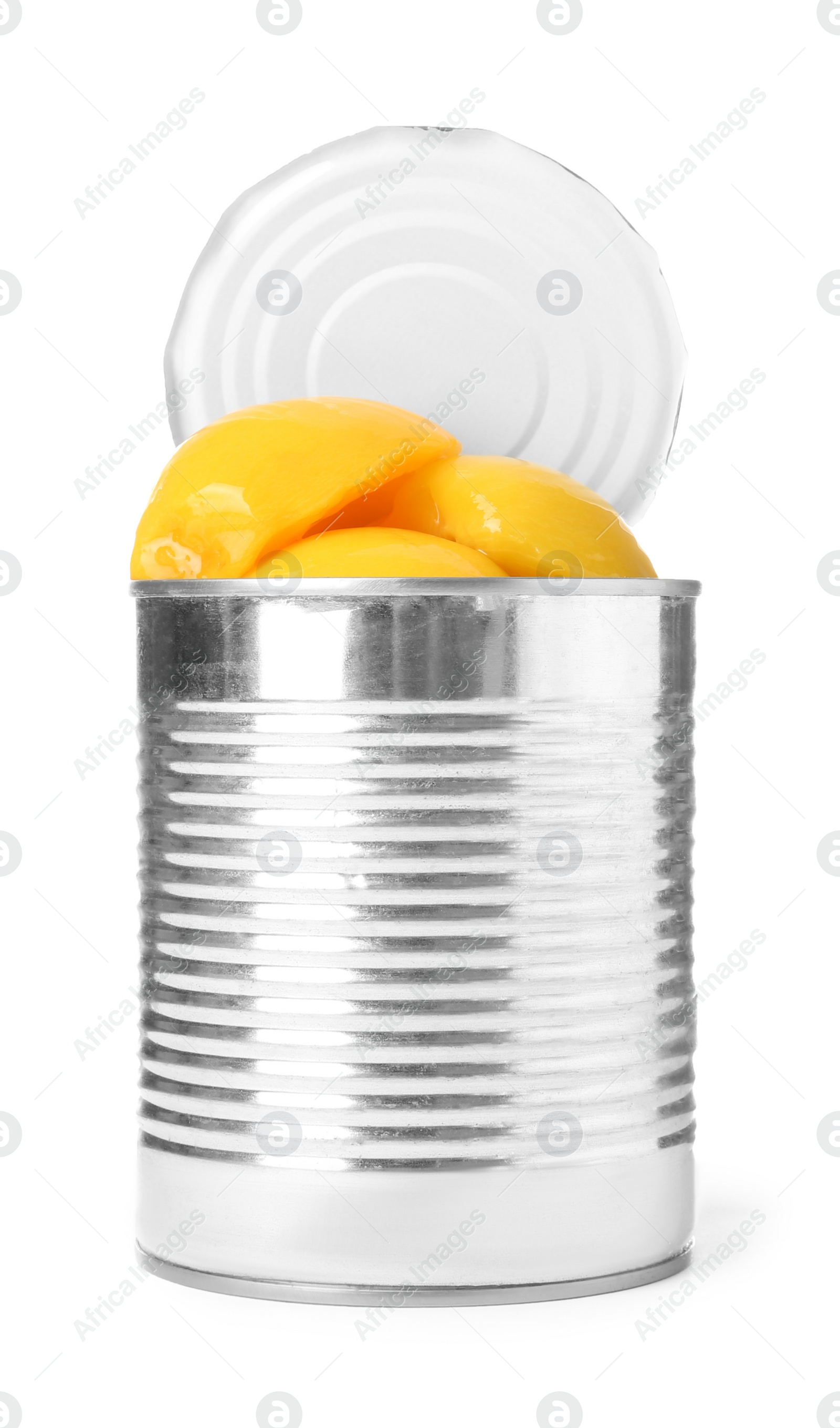 Photo of Open tin can of peaches isolated on white