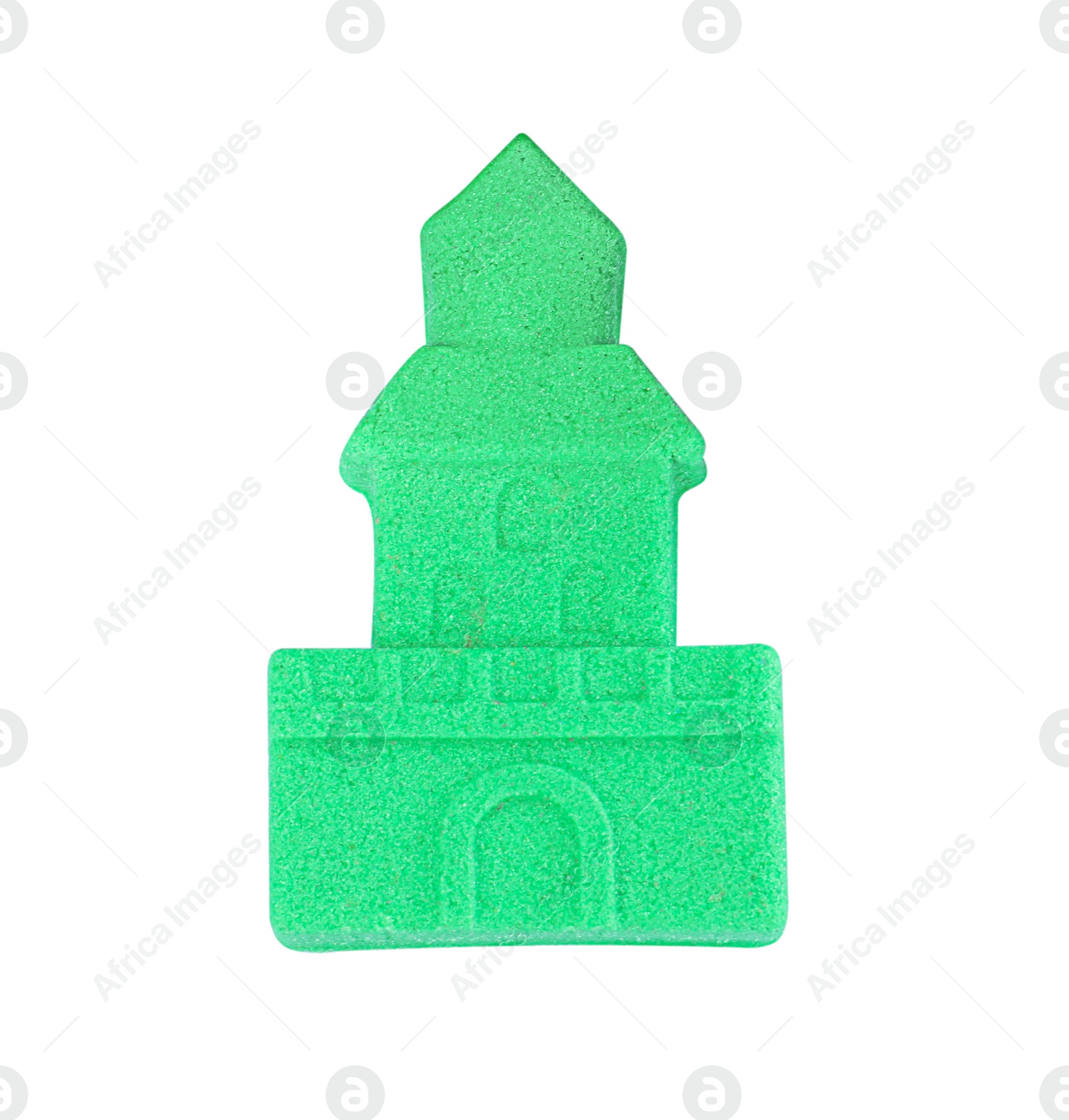 Photo of Castle made of kinetic sand on white background, top view