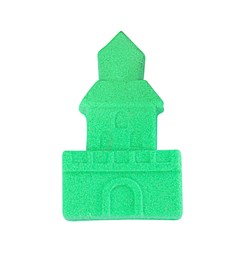 Photo of Castle made of kinetic sand on white background, top view