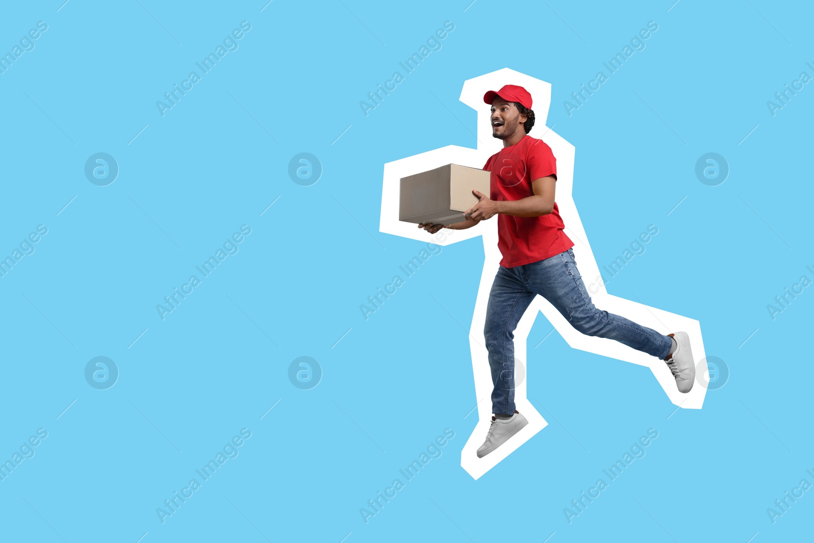 Image of Surprised courier with parcel running on light blue background, space for text