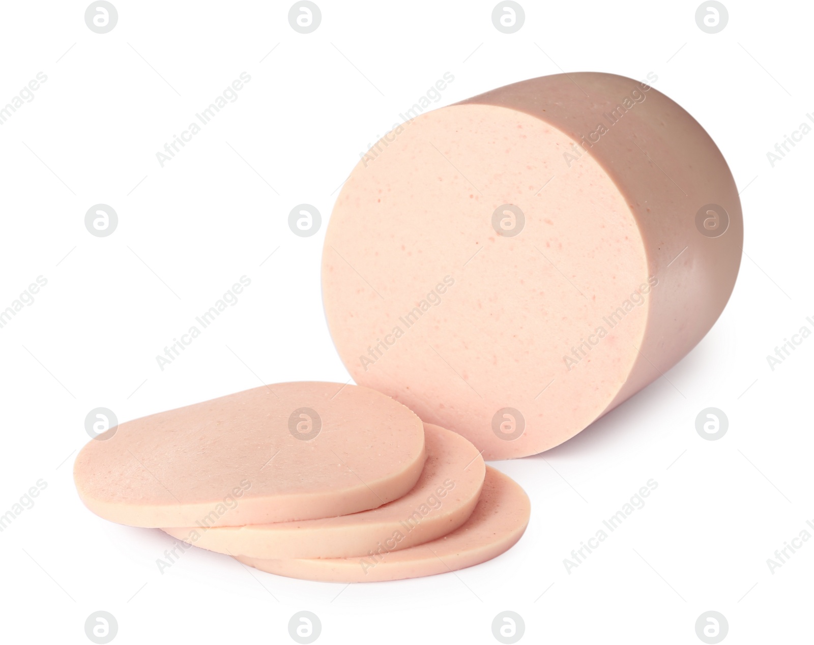 Photo of Tasty cut boiled sausage on white background