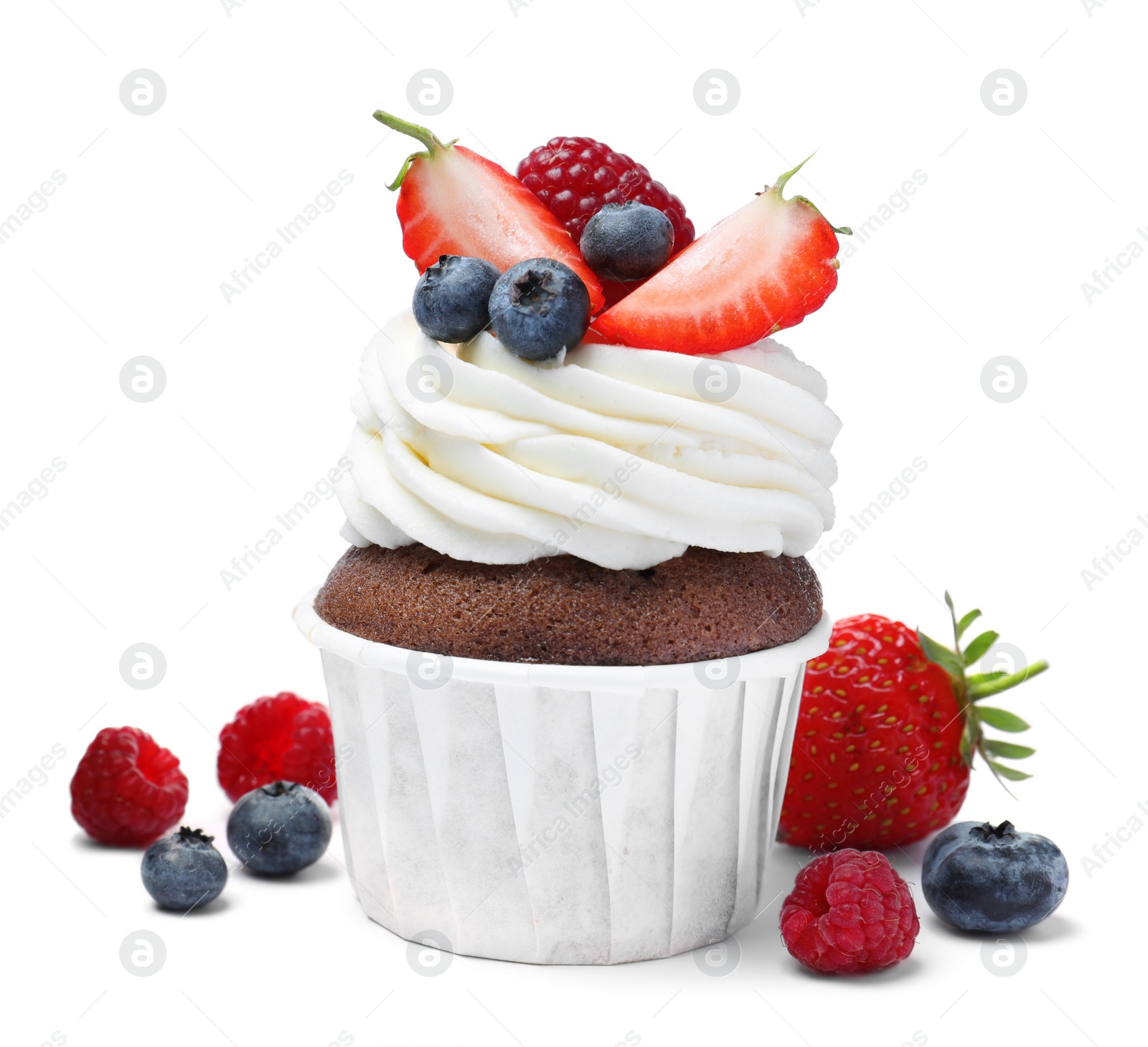 Photo of Sweet cupcake with fresh berries on white background