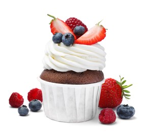 Photo of Sweet cupcake with fresh berries on white background