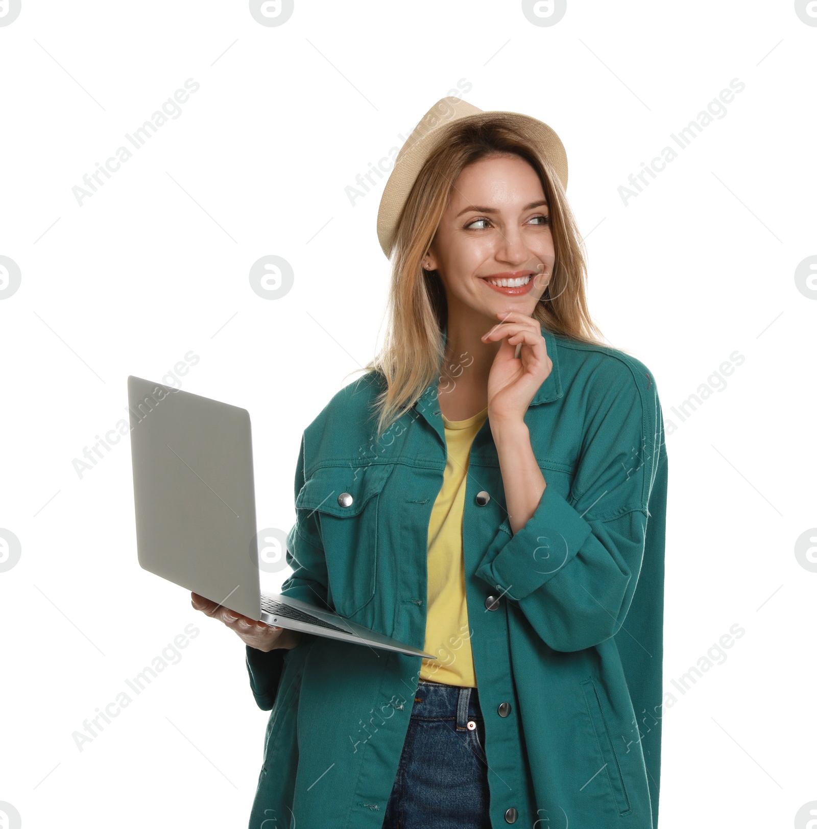 Photo of Young woman with modern laptop on white background