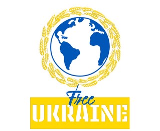Illustration of Free Ukraine. Phrase and illustration of Earth globe surrounded by ears of wheat on white background