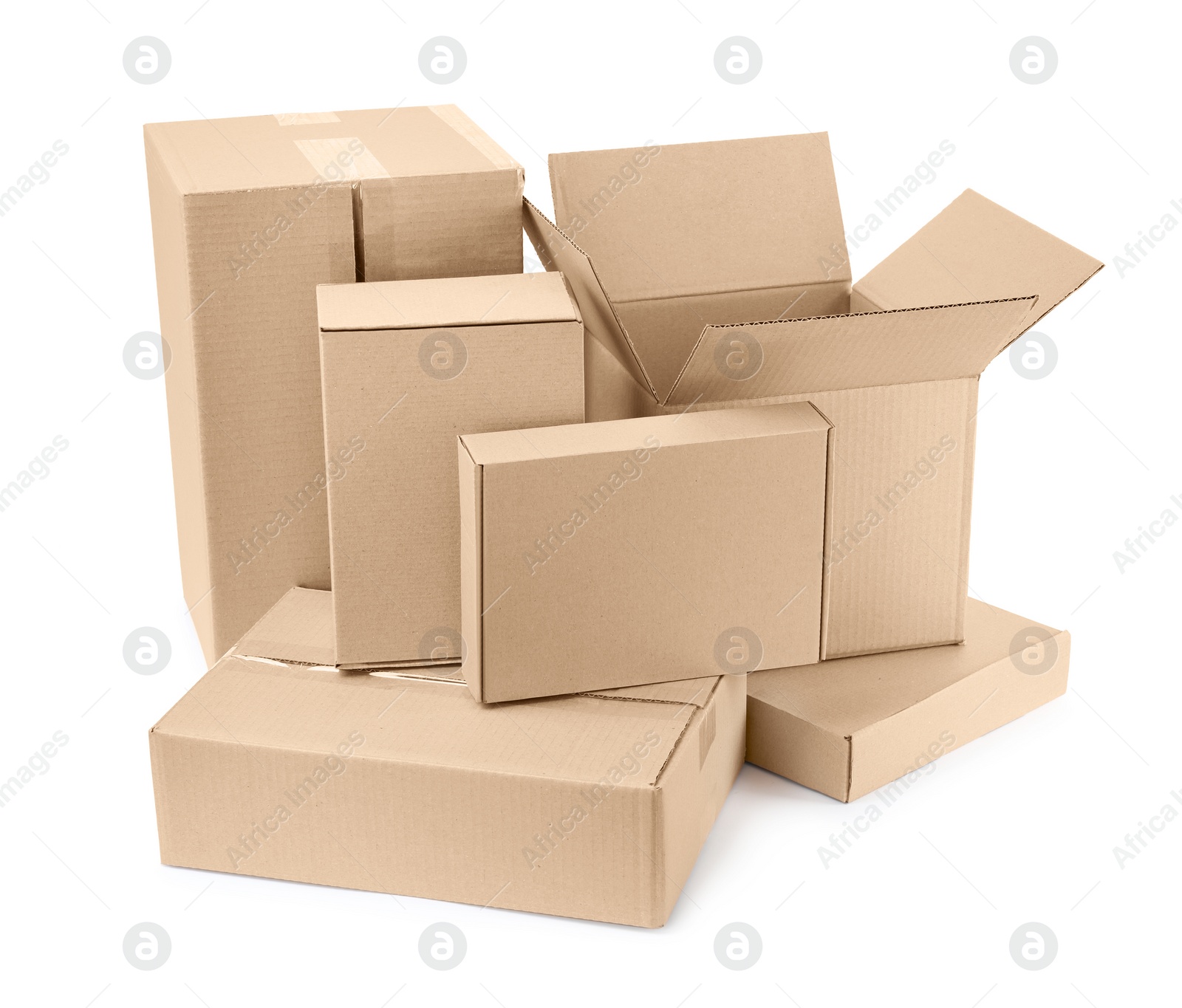 Photo of Pile of cardboard boxes on white background