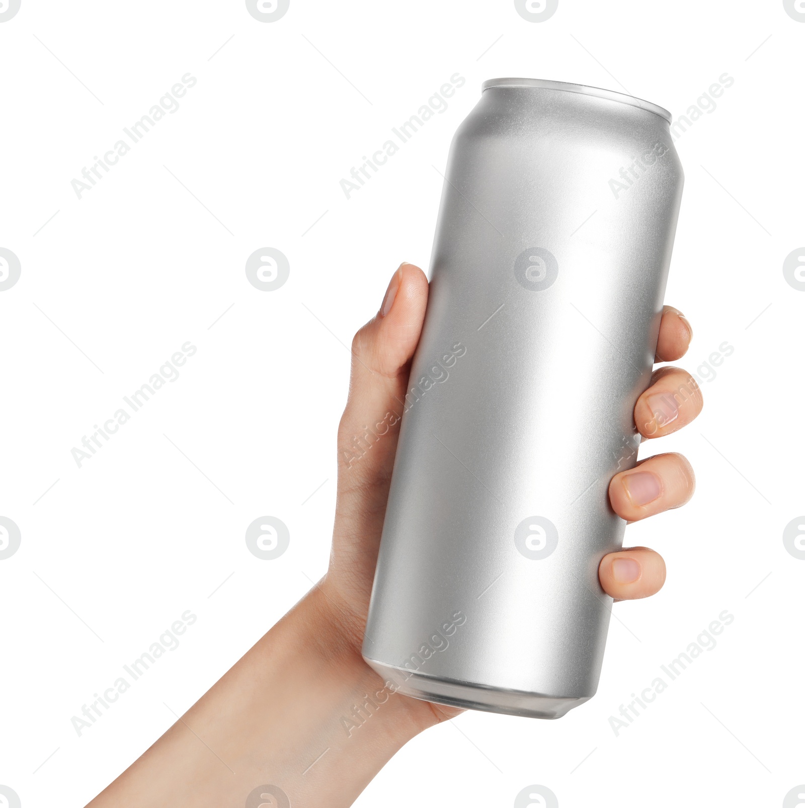 Photo of Woman holding aluminum can on white background, closeup