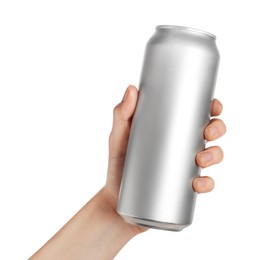 Woman holding aluminum can on white background, closeup