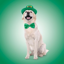 St. Patrick's day celebration. Cute Golden Retriever dog with leprechaun hat and bow tie on green background