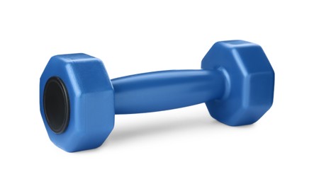 Blue dumbbell isolated on white. Weight training equipment
