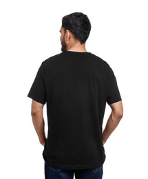 Photo of Man in black t-shirt on white background, back view