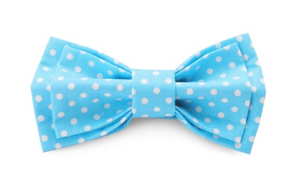 Photo of Stylish light blue bow tie with polka dot pattern on white background