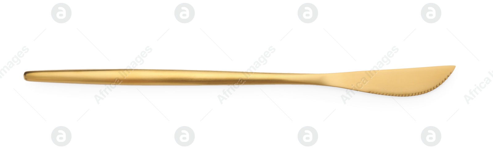 Photo of One shiny golden knife isolated on white, top view