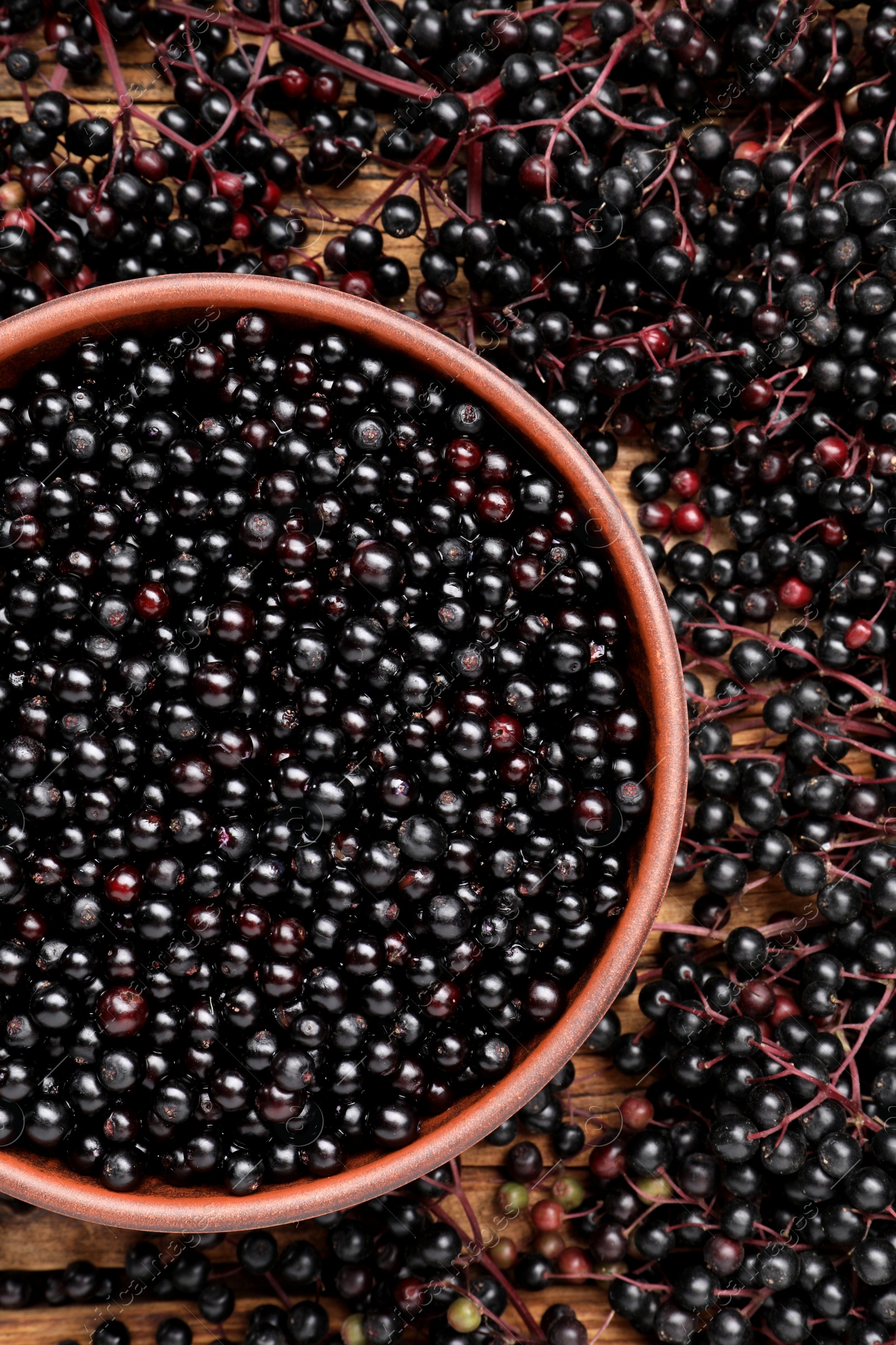 Photo of Elderberries (Sambucus) on wooden table, flat lay