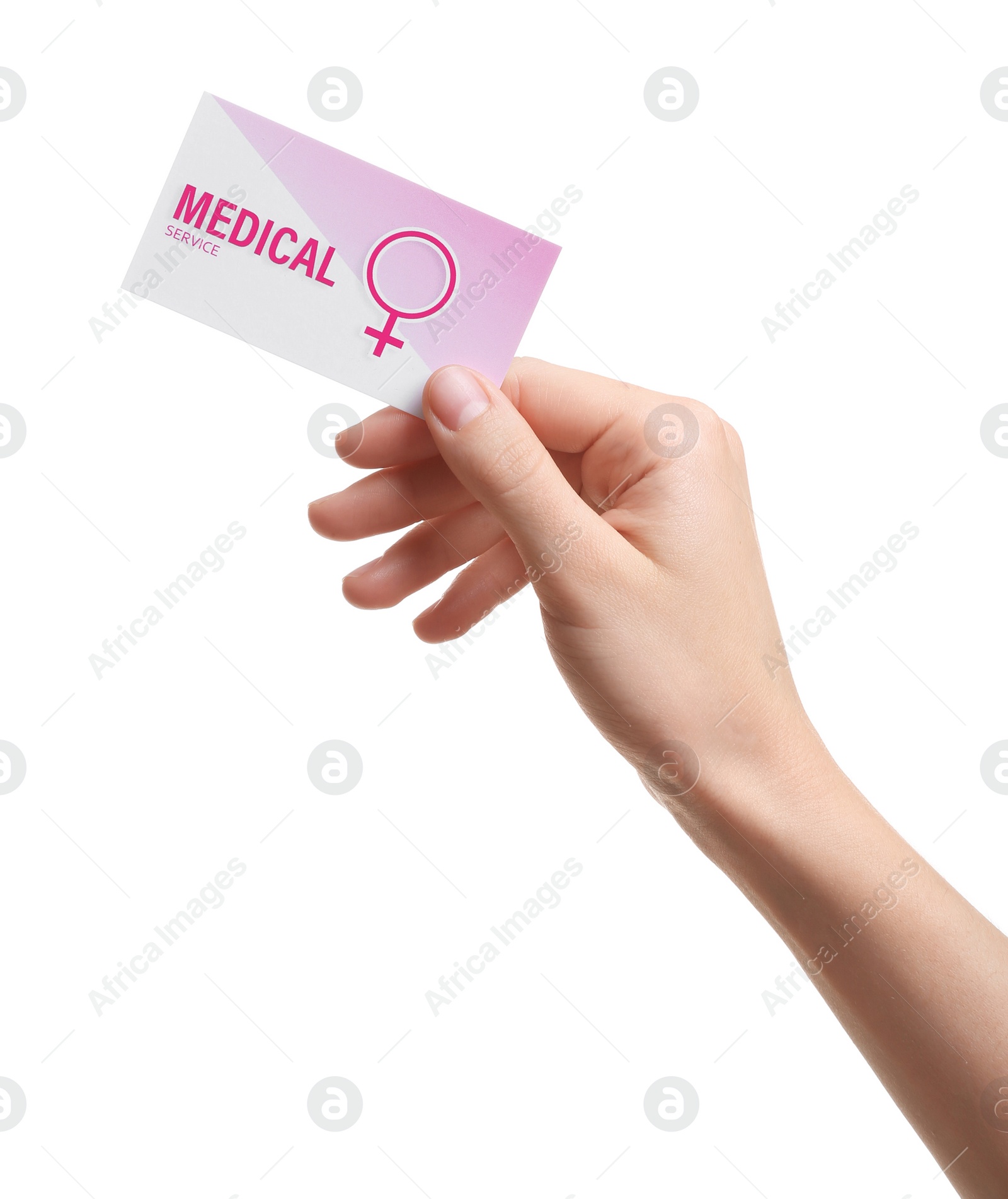 Photo of Girl holding medical business card isolated on white, closeup. Women's health service