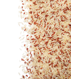 Photo of Mix of brown and polished rice on white background, top view