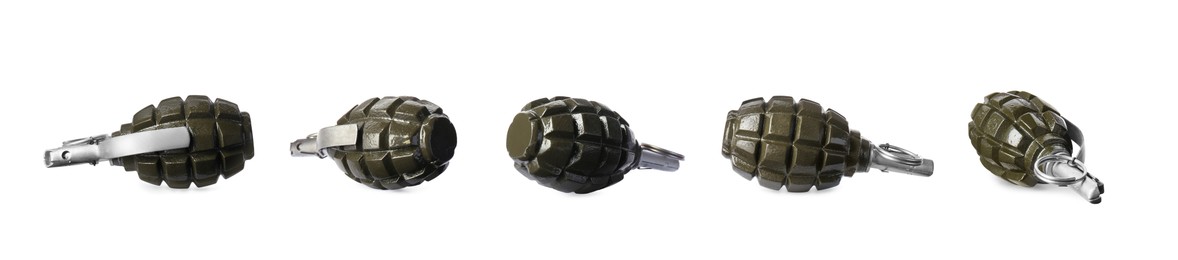 Image of Set with hand grenades on white background. Banner design