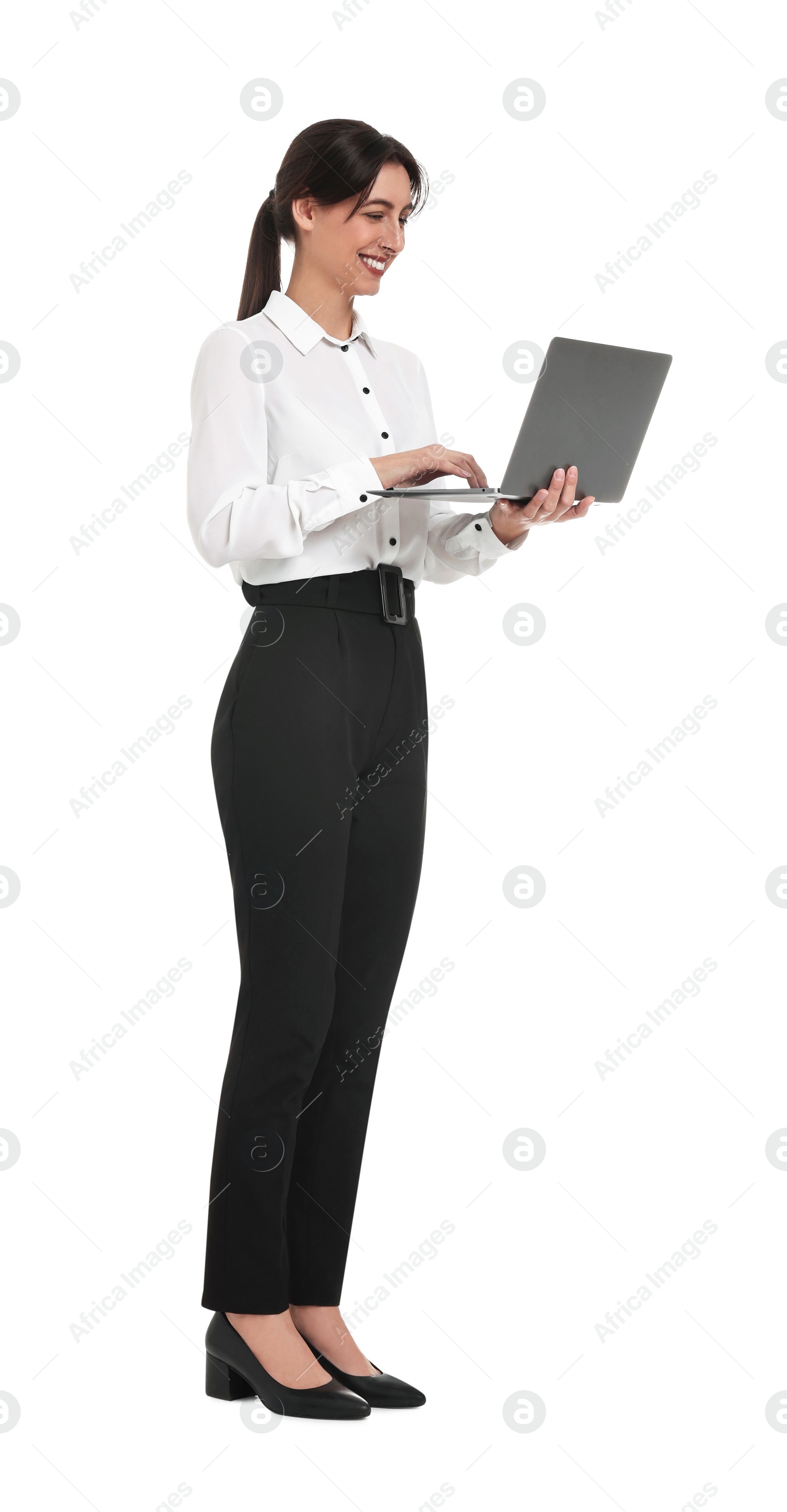 Photo of Happy businesswoman using laptop on white background