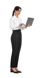 Happy businesswoman using laptop on white background