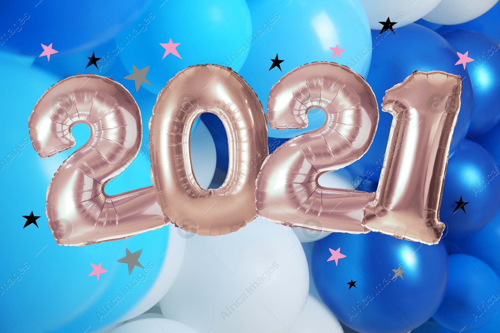 Image of Silver foil 2021 balloons on color background