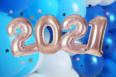 Image of Silver foil 2021 balloons on color background