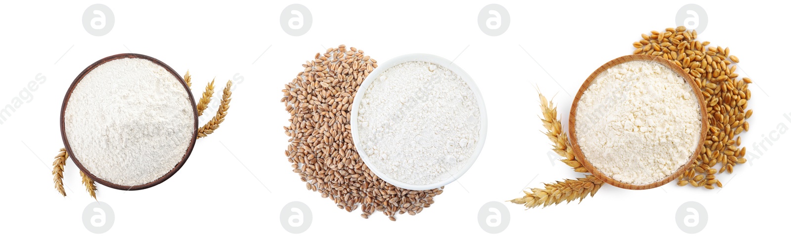 Image of Set with wheat flour on white background, top view. Banner design