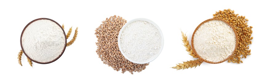 Image of Set with wheat flour on white background, top view. Banner design