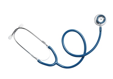 Photo of Stethoscope isolated on white, top view. Medical tool