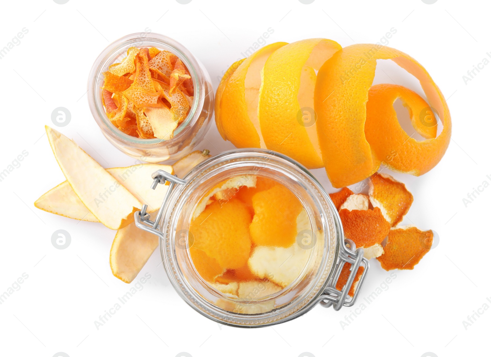 Photo of Different dry orange peels isolated on white, top view