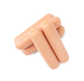 Photo of Delicious boiled sausages on white background, top view