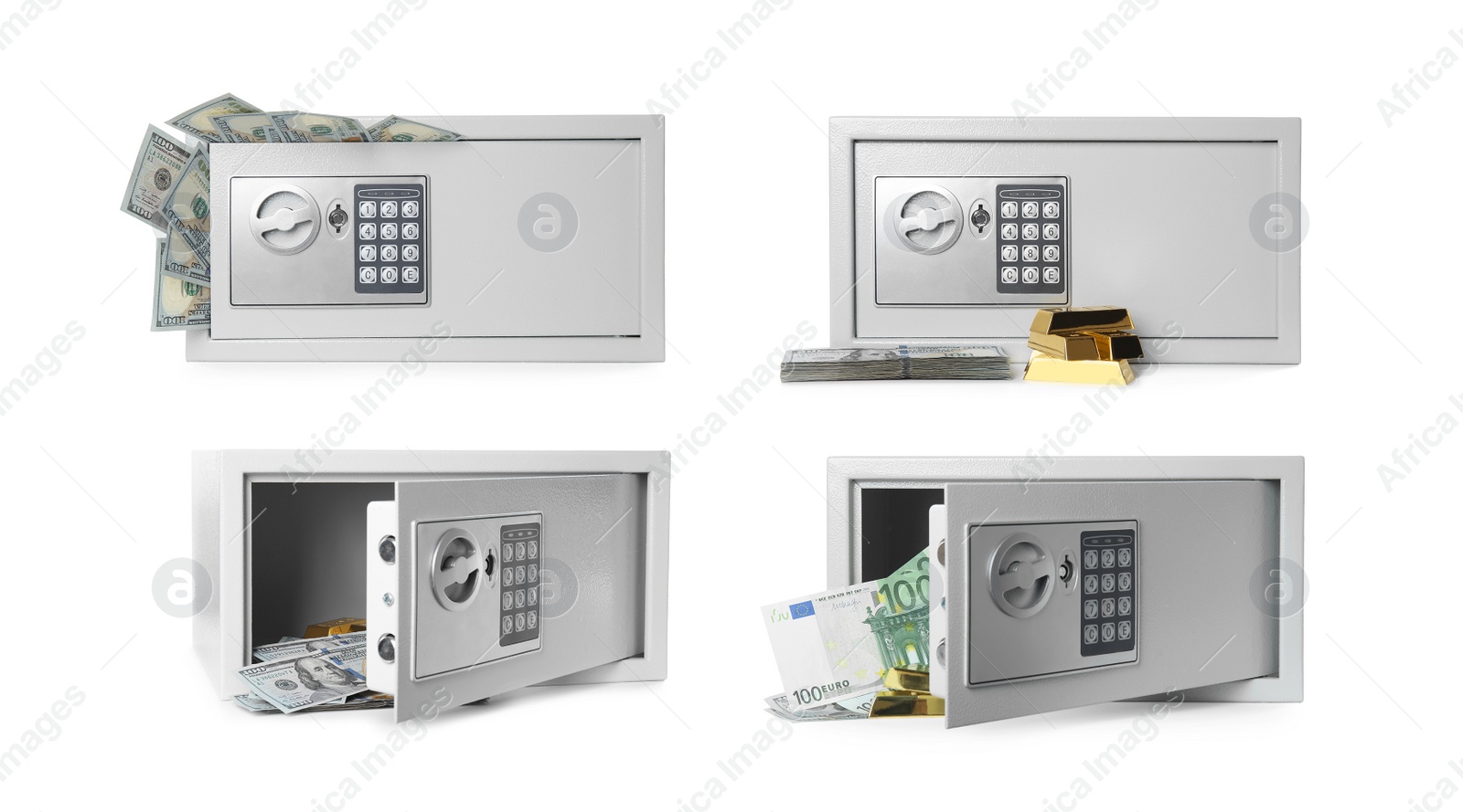 Image of Set of steel safes with electronic lock on white background