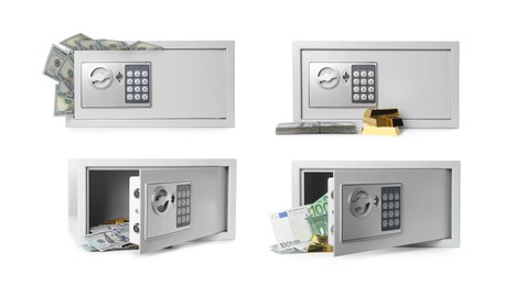 Image of Set of steel safes with electronic lock on white background