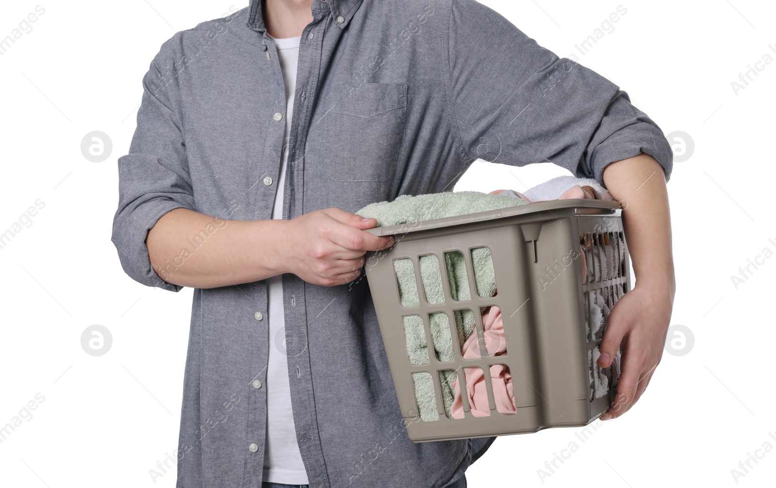 Photo of Man with basket full of laundry on white background, closeup