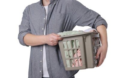 Photo of Man with basket full of laundry on white background, closeup