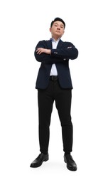 Photo of Businessman in suit posing on white background, low angle view