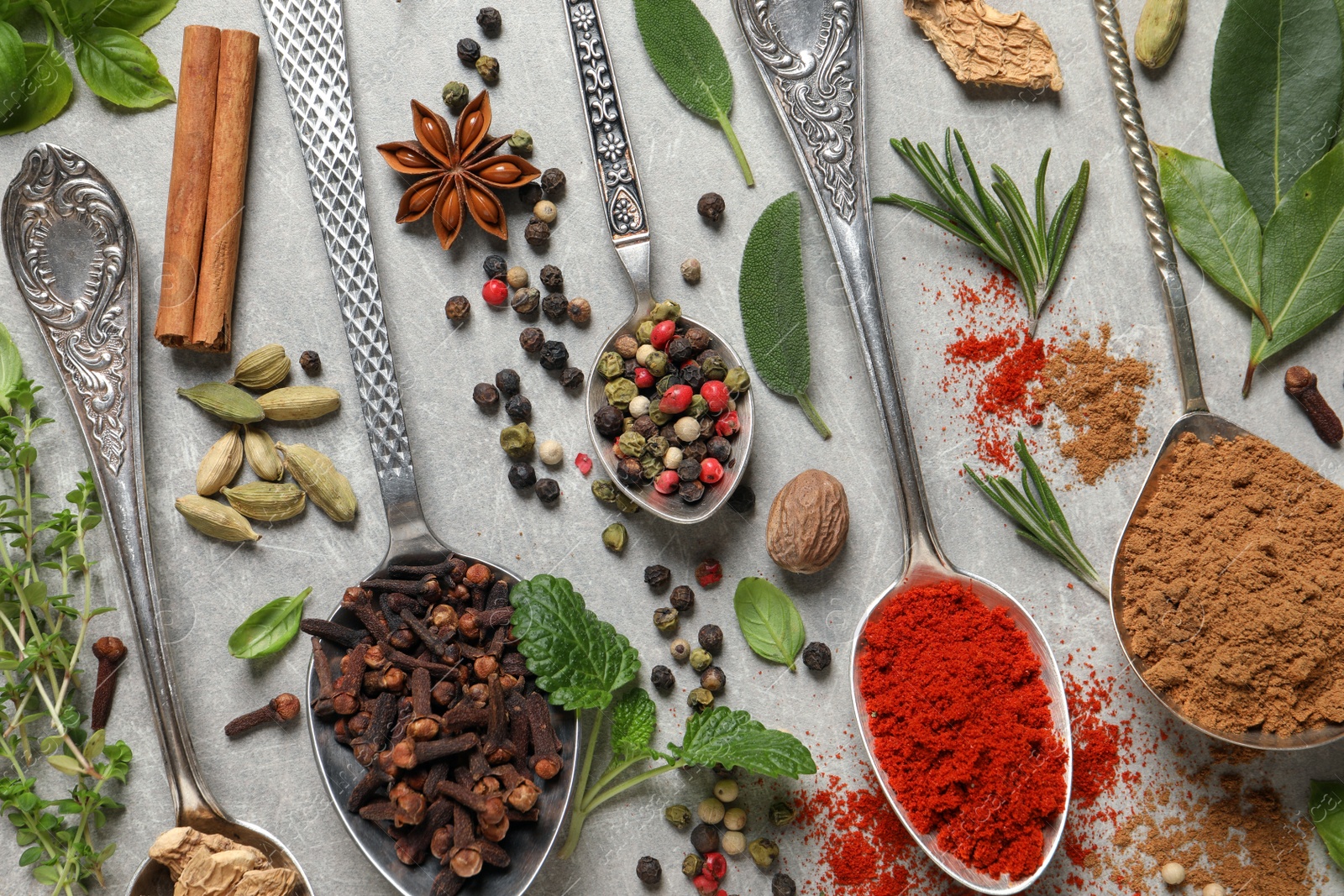 Photo of Different herbs and spices with spoons on grey table, flat lay