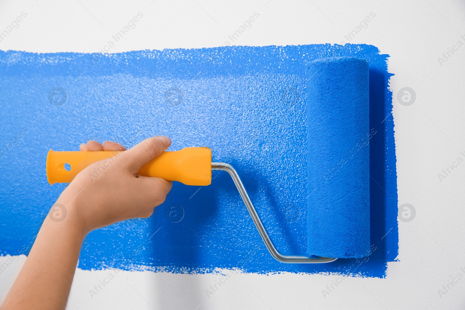 Photo of Woman painting white wall with blue dye, closeup. Interior renovation