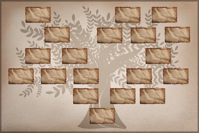 Illustration of Family tree with empty frames for photos in vintage style, illustration. Space for design