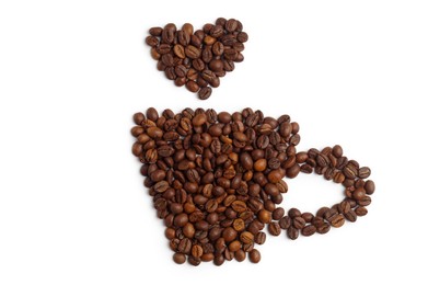 Photo of Cup of hot drink, composition made with coffee beans isolated on white, top view