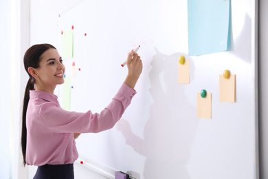 Young teacher writing on whiteboard in classroom