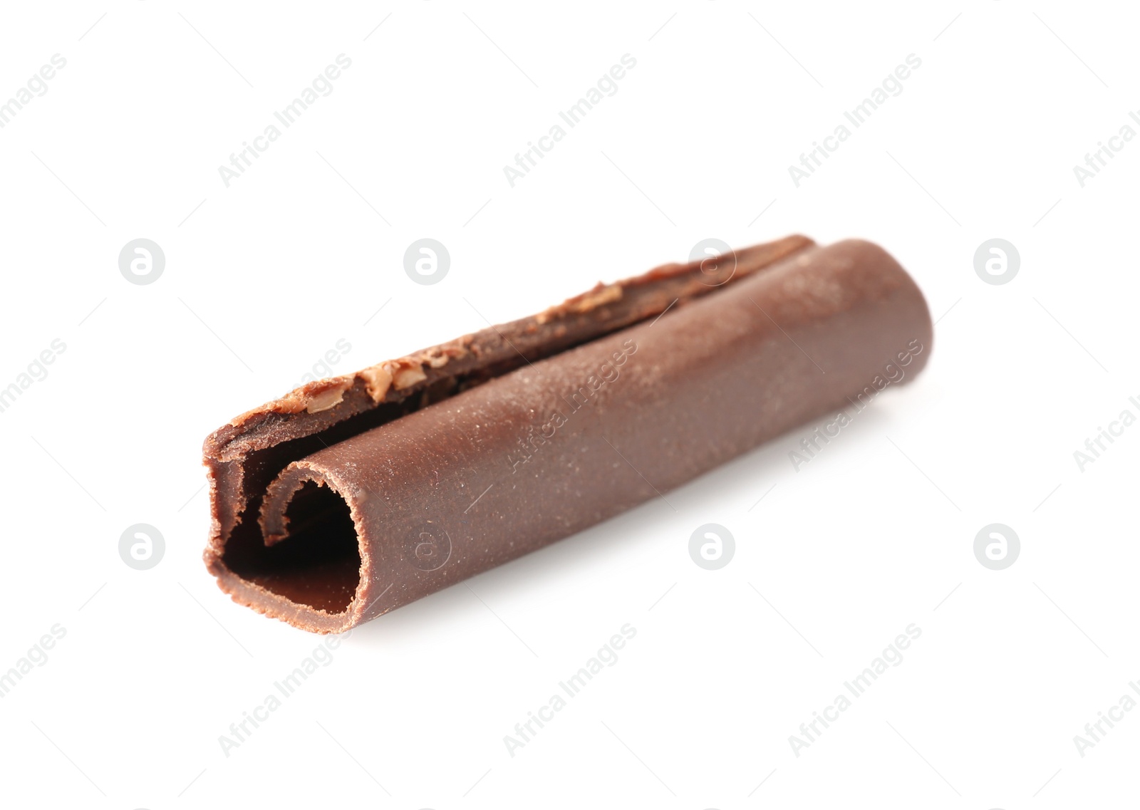 Photo of Yummy chocolate curl for decor on white background