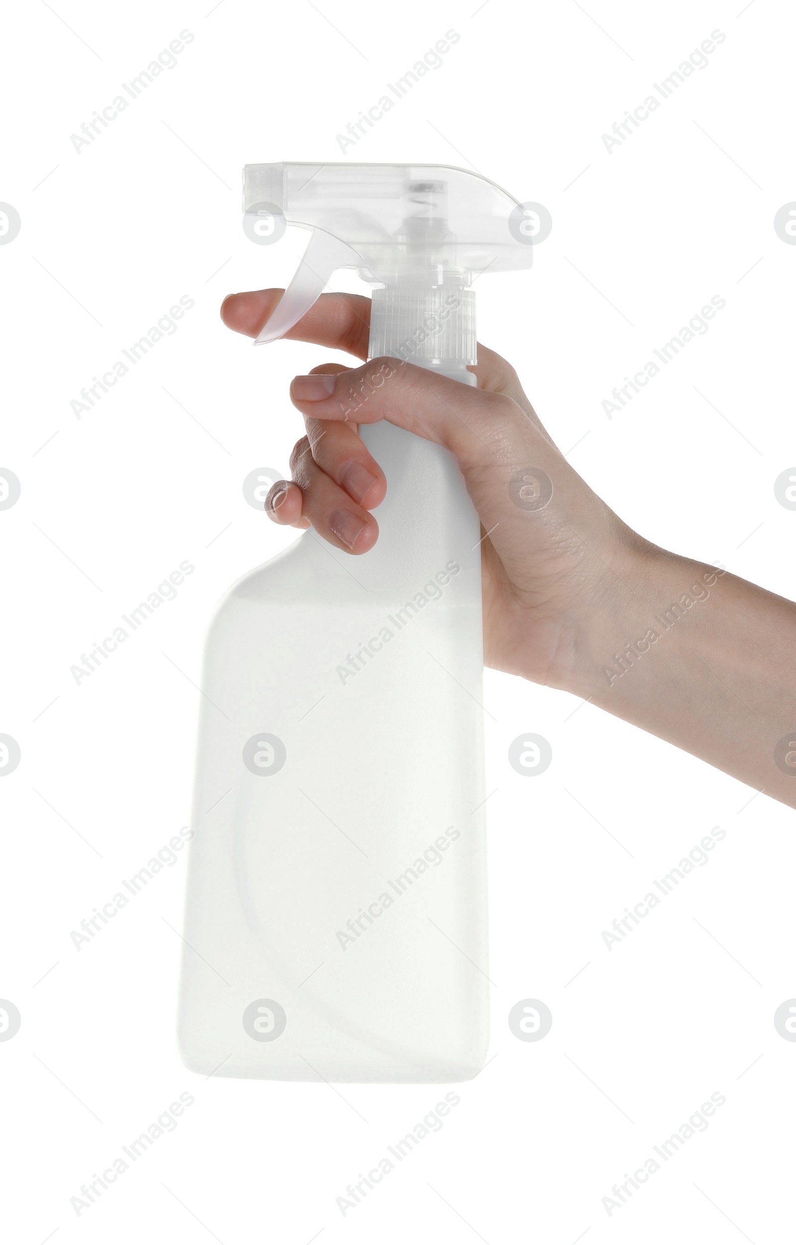 Photo of Woman holding plastic spray bottle with liquid isolated on white, closeup