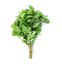 Photo of Bunch of mint on white background, top view. Fresh herb