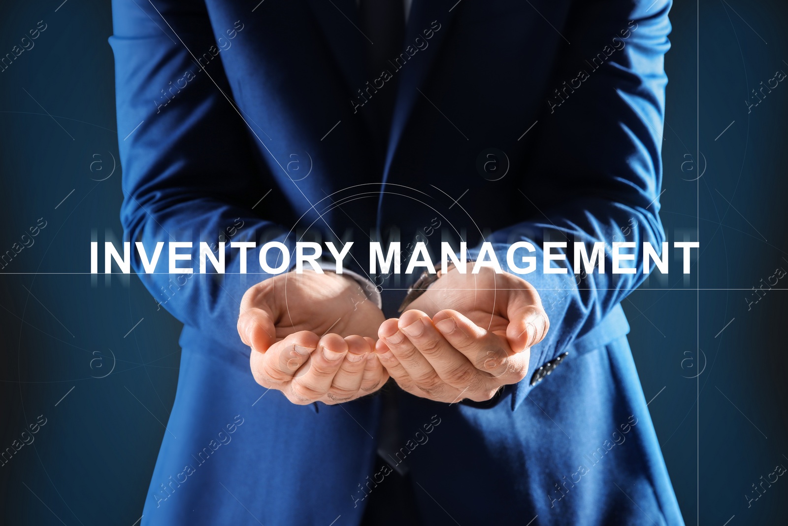 Image of Man touching virtual screen with text Inventory Management on color background