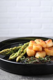 Photo of Delicious fried scallops with asparagus and thyme on plate, space for text
