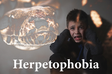 Image of Double exposure of scared little boy suffering from herpetophobia on grey background. Fear or aversion to reptiles