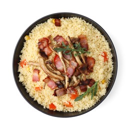 Photo of Tasty couscous with mushrooms and bacon in bowl isolated on white, top view