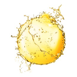 Abstract splash of golden oily liquid on white background