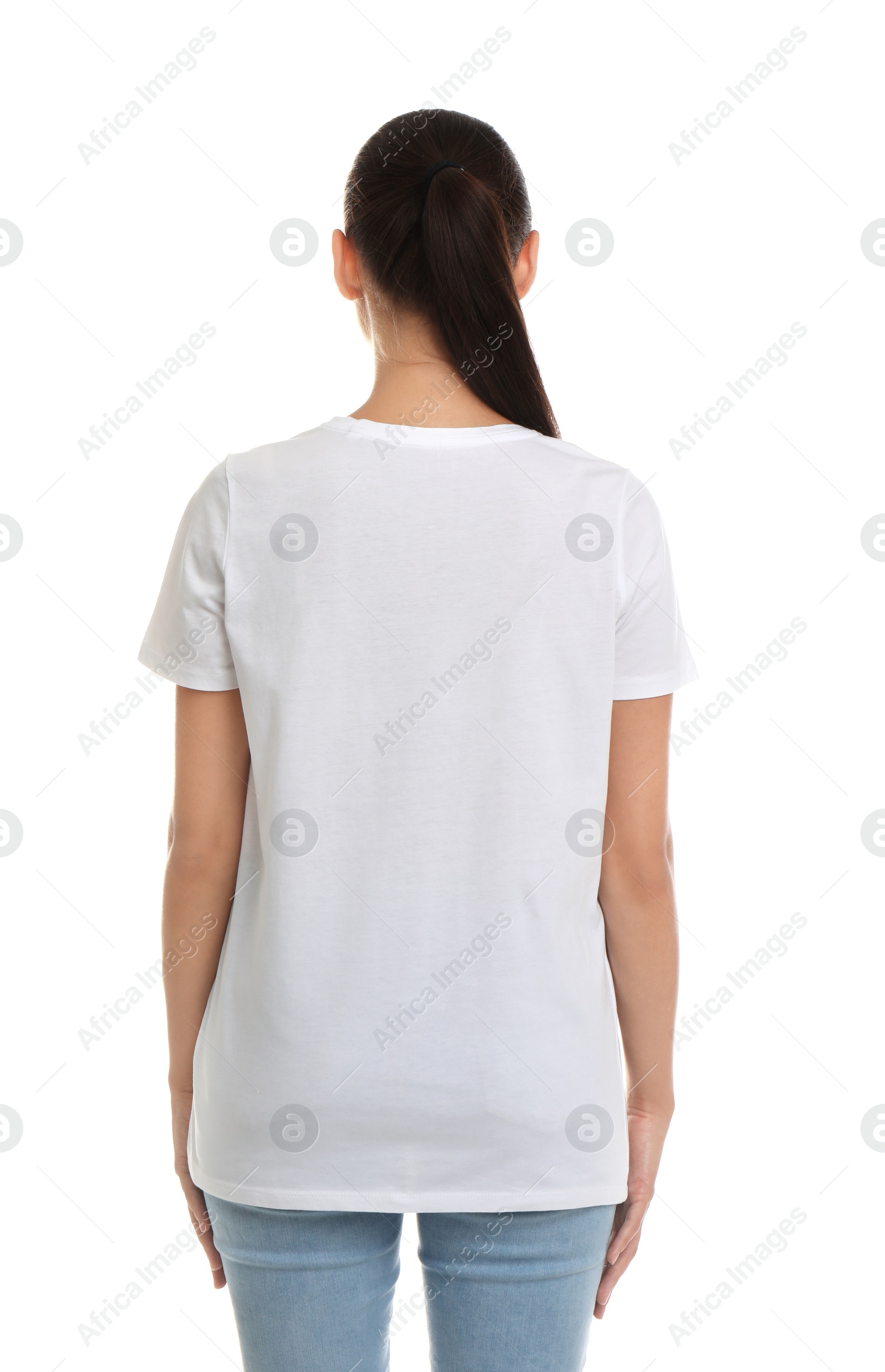 Photo of Young woman in t-shirt on white background. Mockup for design