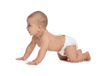 Photo of Cute little baby in diaper crawling on white background